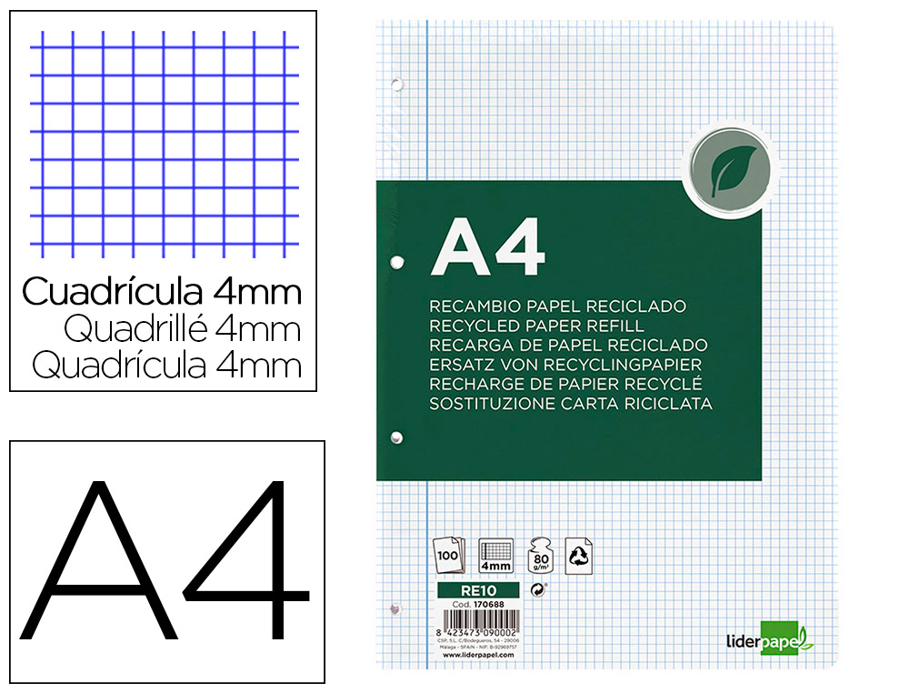 Recambio liderpapel a4 100 hojas papel reciclado 100% 80g/m2 cuadro 4mm con margen 4 taladros
