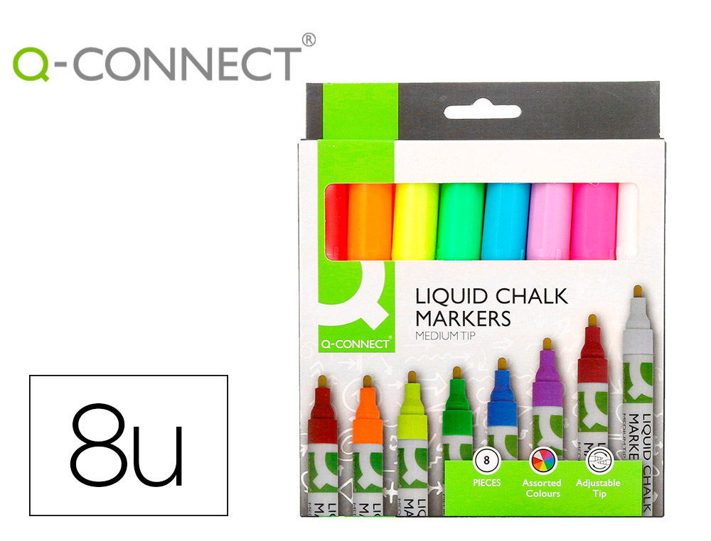 Rotulador q-connect tiza liquida punta redonda trazo 3 mm caja de 8 unidades colores surtidos