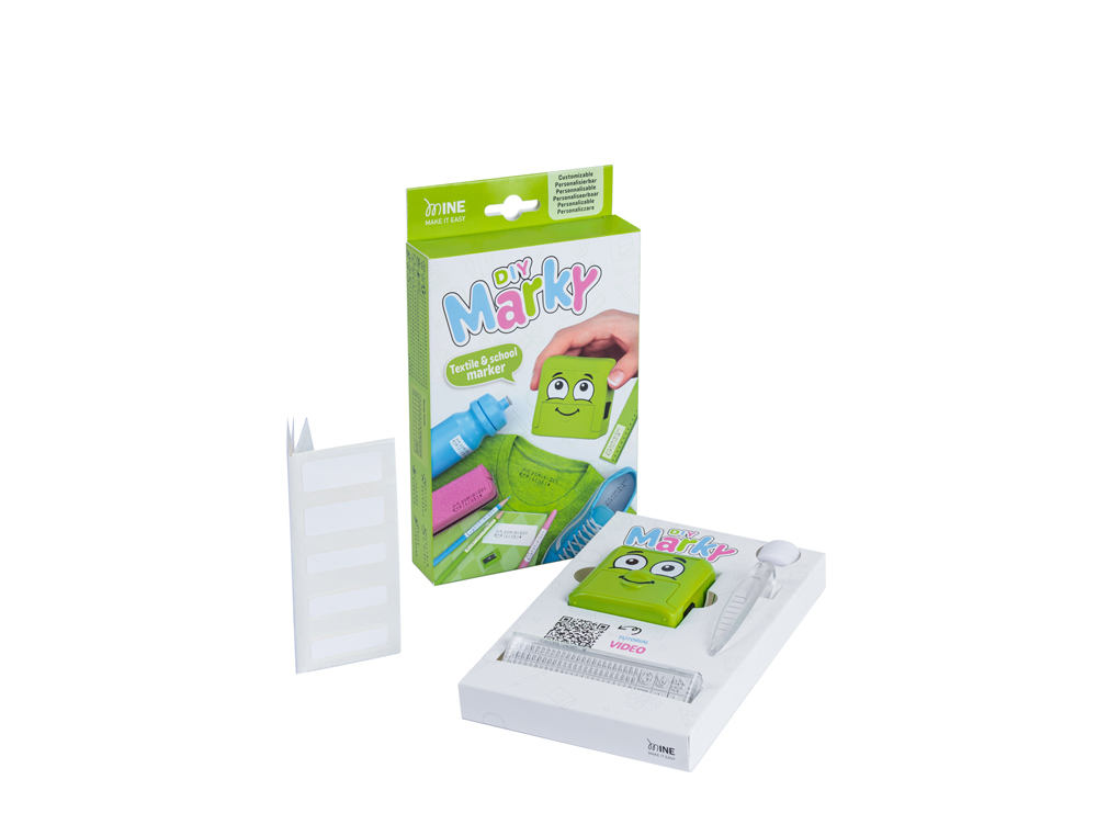 Sello marcador de ropa marky infantil verde incluye tinta kit de etiquetas y cinta termoadhesiva