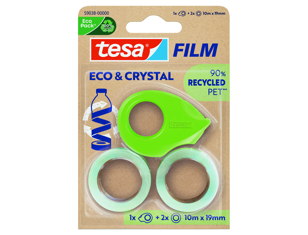 Cinta adhesiva tesa film eco&cristal transparente 10 mt x 19 mm blister de 2 unidades + miniportarrollo