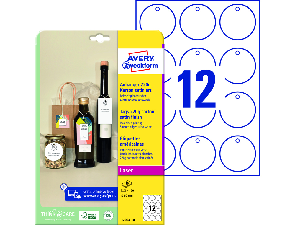 Etiqueta colgante avery blanca 60 mm diametro imprimible doble cara carton 220 gr pack de 120 unidades