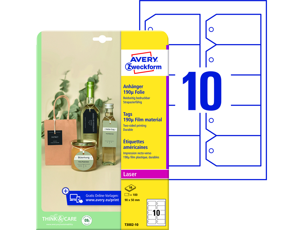 Etiqueta colgante avery blanca 90x50 mm imprimible doble cara plastico 190 mc pack de 100 unidades