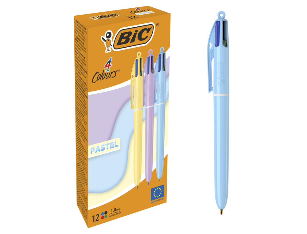 Boligrafo bic cuatro colores pastel punta de 1 mm caja de 12 unidades colores surtidos