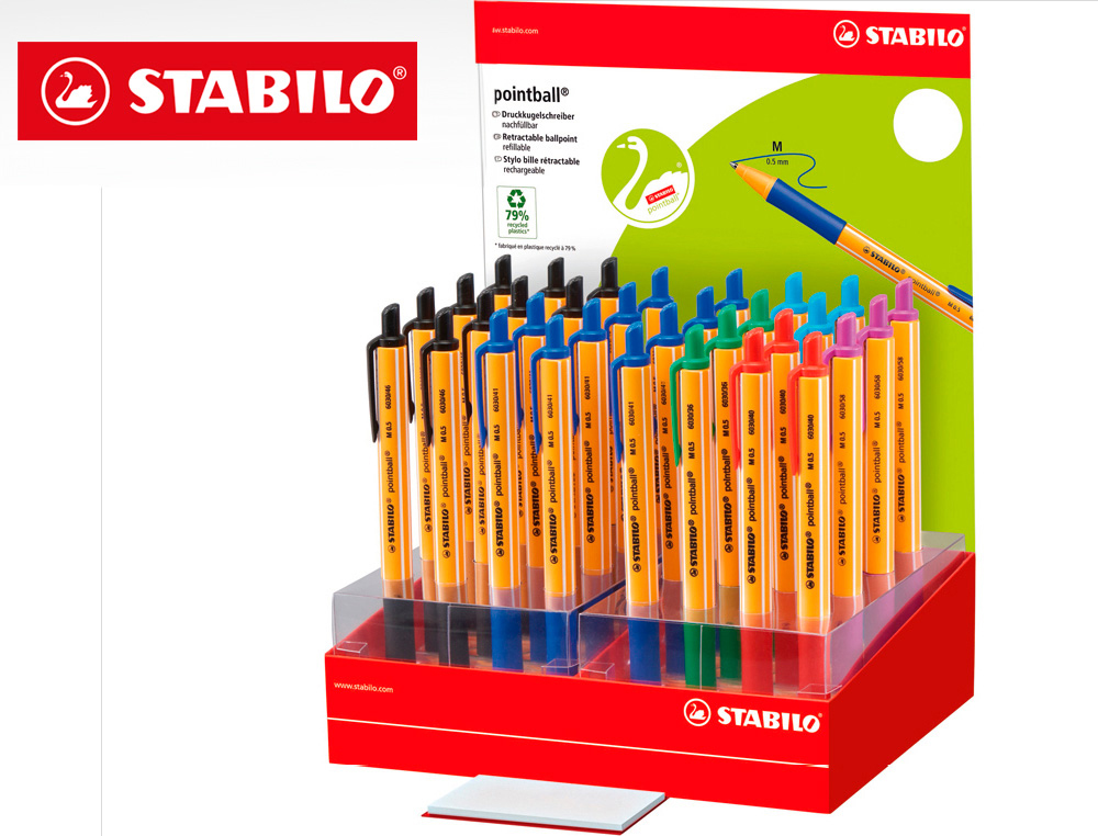 Boligrafo stabilo pointball retractil tinta aceite trazo 0,5 mm expositor de 32 unidades colores surtidos
