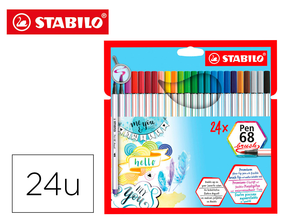 Rotulador stabilo acuarelable pen 68 brush punta pincel estuche de 24 unidades colores surtidos