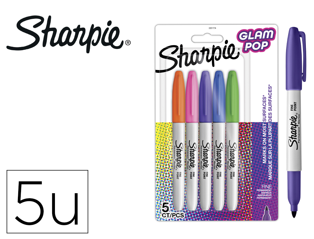 Rotulador sharpie permanente fino glam pop blister de 5 unidades colores surtidos