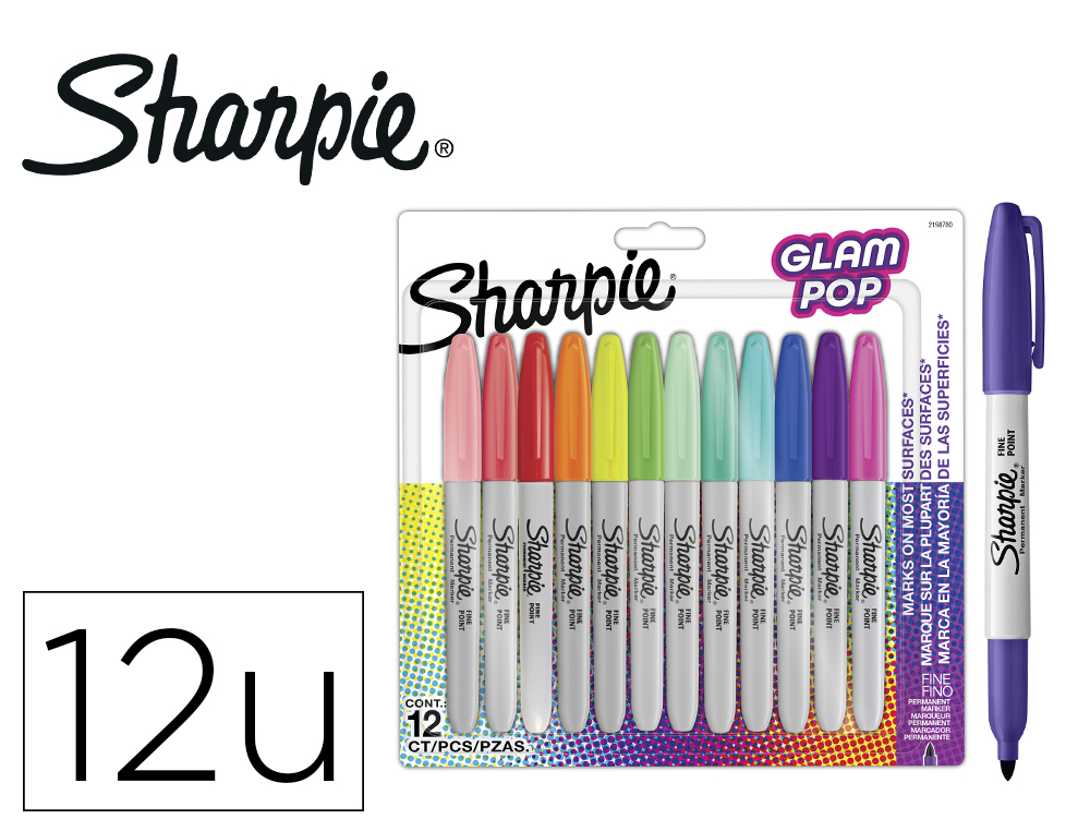 Rotulador sharpie permanente fino glam pop blister de 12 unidades colores surtidos