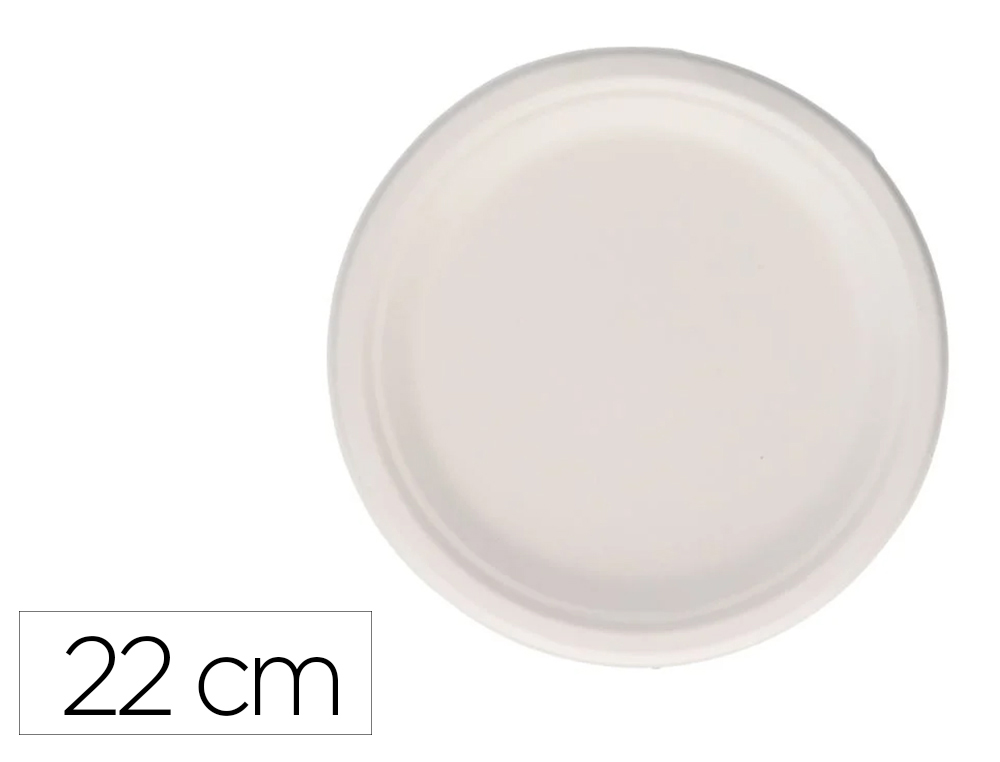 Plato fibra caña azucar bunzl biodegradable 22 cm diametro color blanco paquete de 50 unidades