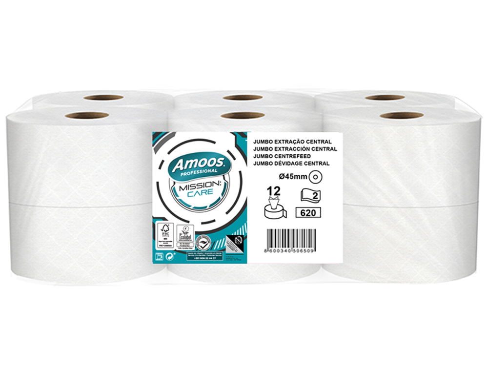 Papel higienico amoos jumbo industrial mission care extraccion central 2 capas 33g/m2 paquete de 12 rollos