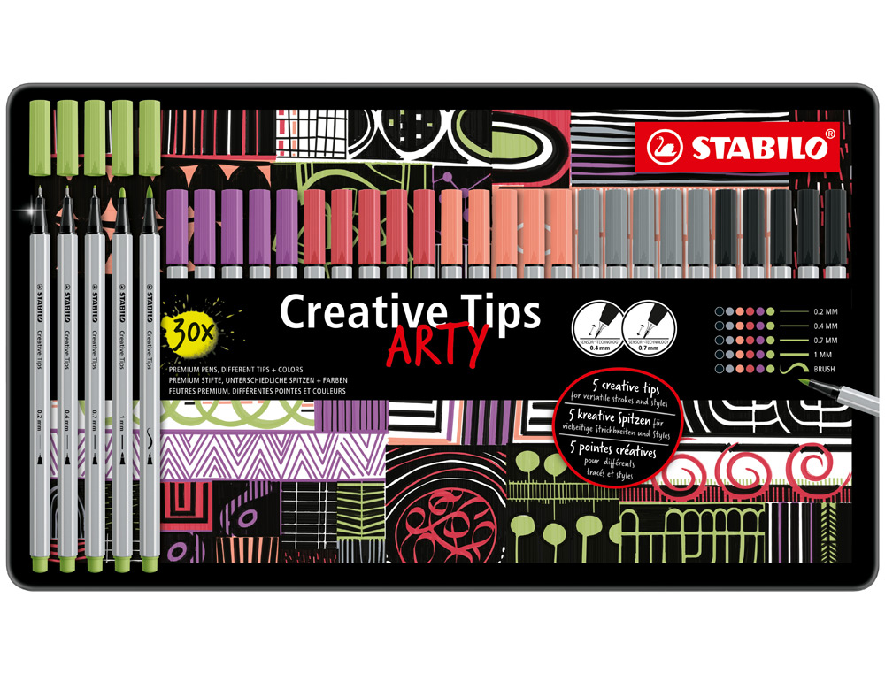 Rotulador stabilo creative tips arty line pastel 5 puntas diferentes por color estuche metalico de 30
