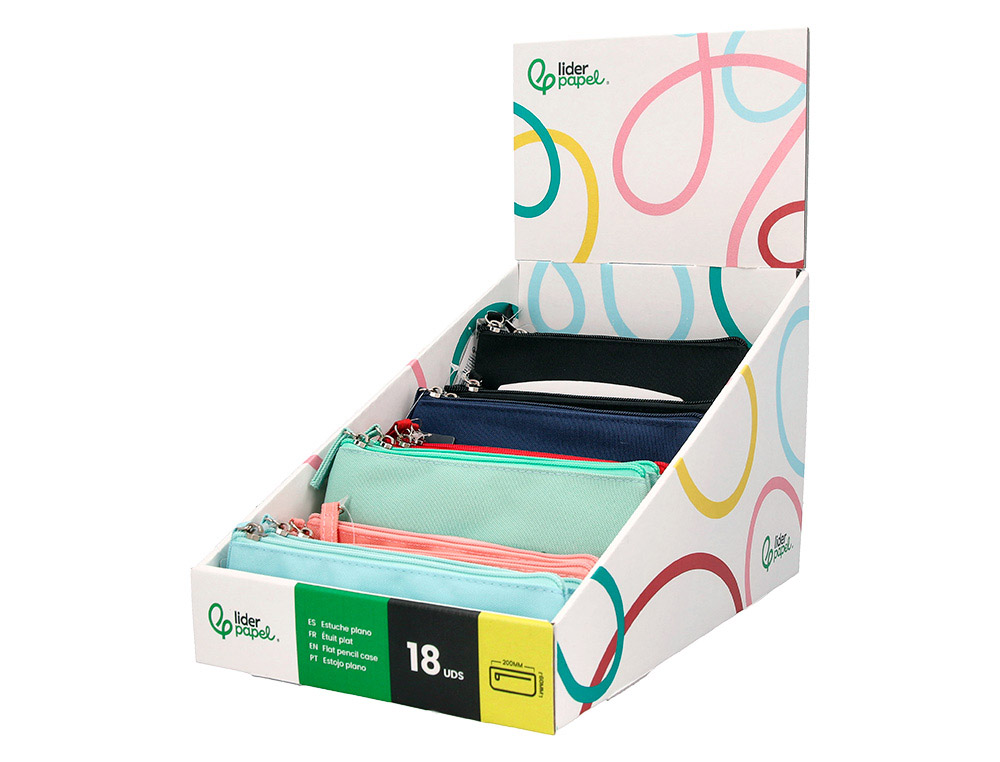 Estuche portatodo liderpapel plano estrecho una cremallera 200x60 mm expositor de 18 unidades colores surtidos