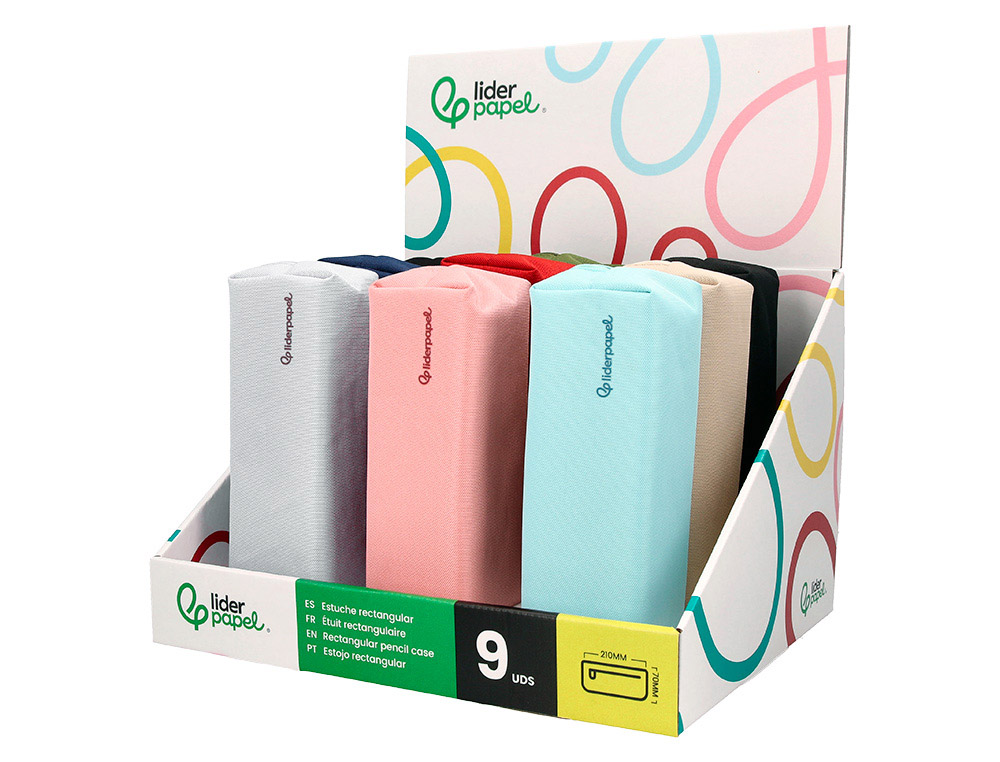 Estuche portatodo liderpapel classic rectangular con asa 210x70 mm expositor de 9 unidades colores surtidos