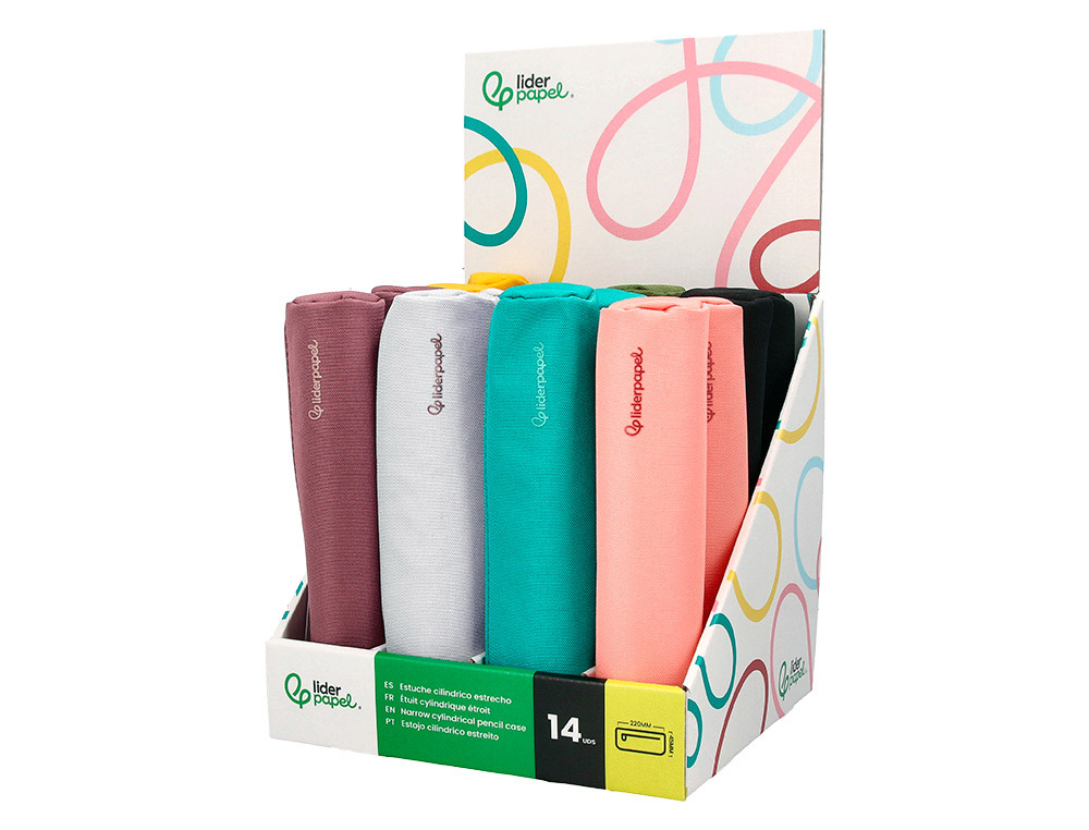 Estuche portatodo liderpapel slim cilindrico 220x45 mm expositor de 14 unidades colores surtidos