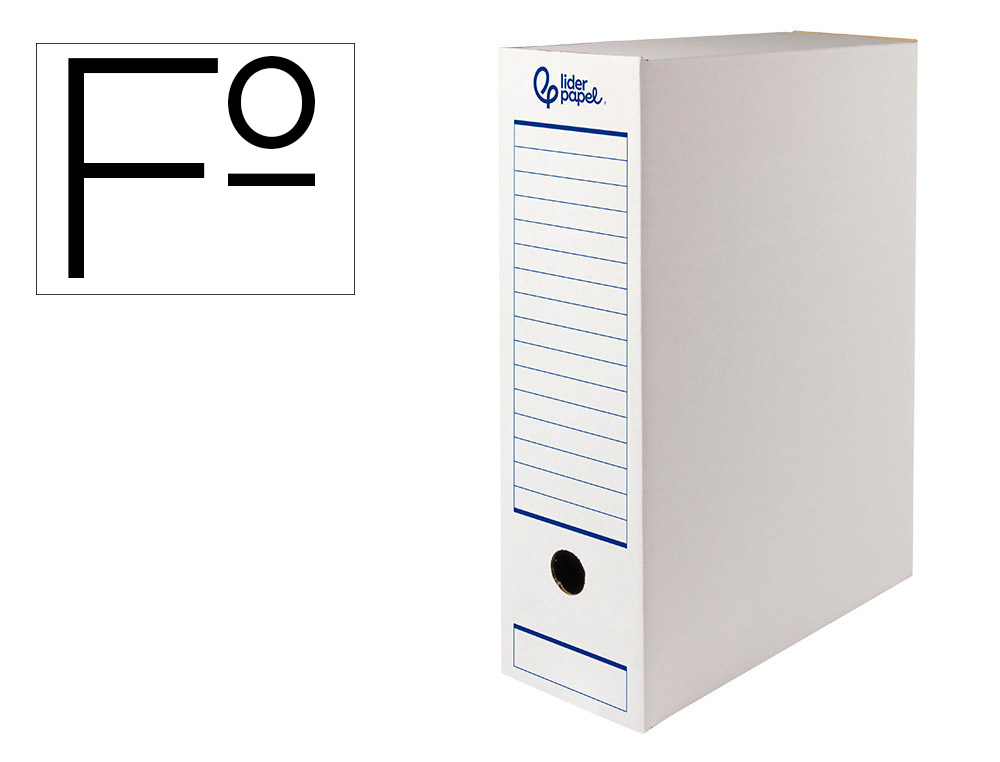 Caja archivo definitivo automatica liderpapel folio carton reciclado 325g/m2 lomo 100 mm blanco 360x100x255mm