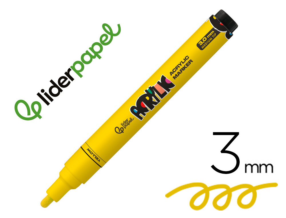 Rotulador liderpapel acrylic base agua todo tipo de superficie punta redonda 3 mm amarillo