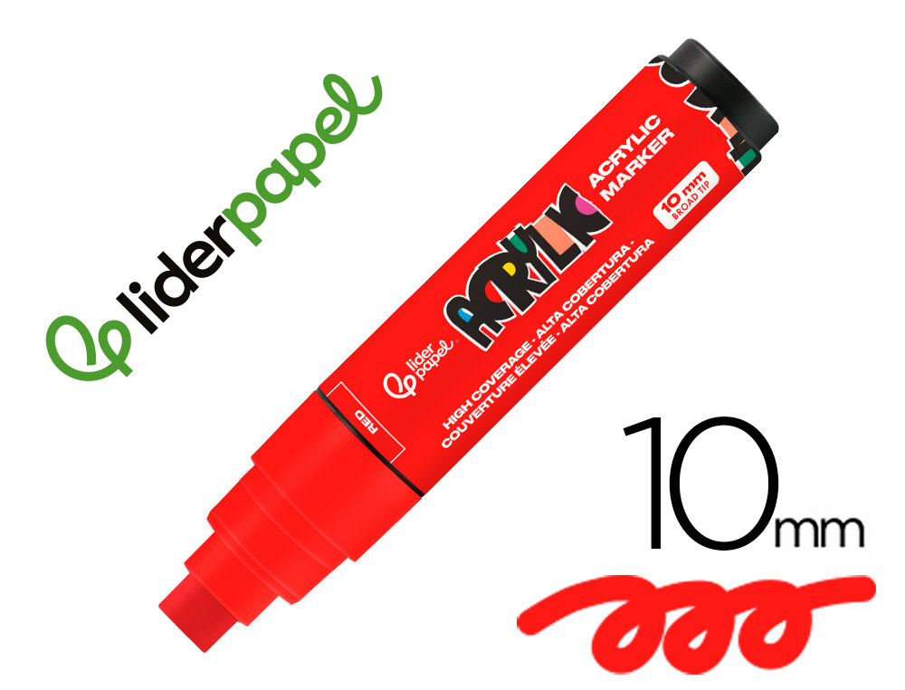 Rotulador liderpapel acrylic base agua todo tipo de superficie punta rectangular 10 mm rojo