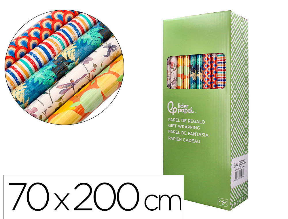 Papel de regalo liderpapel todo año rollo ancho 70 cm longitud 2 mt gramaje 60 gr diseños surtidos b-2024