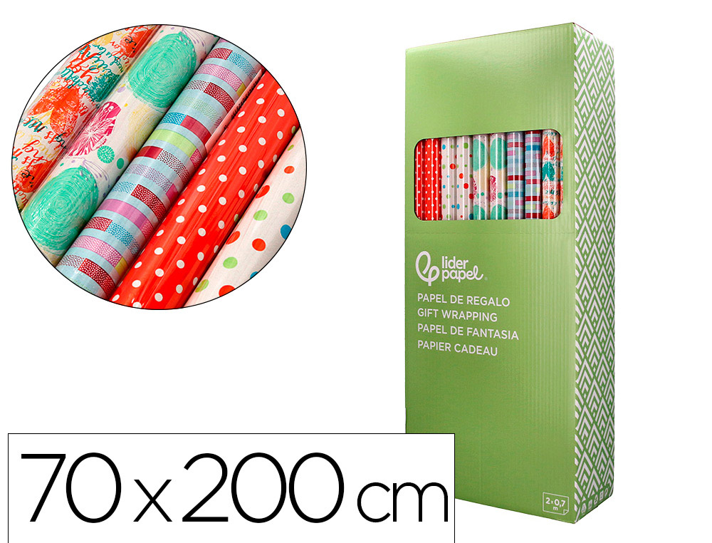 Papel de regalo liderpapel todo año rollo ancho 70 cm longitud 2 mt gramaje 60 gr diseños surtidos c-2024