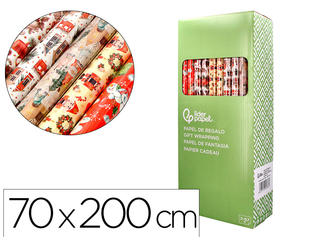 Papel de regalo liderpapel navidad rollo ancho 70 cm longitud 2 mt gramaje 60 gr diseños surtidos b-2024