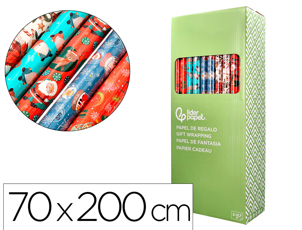 Papel de regalo liderpapel navidad rollo ancho 70 cm longitud 2 mt gramaje 60 gr diseños surtidos c-2024