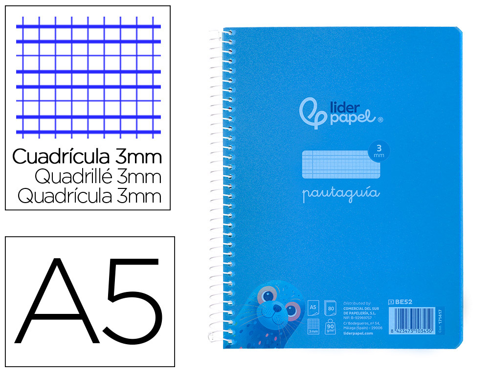 Cuaderno espiral liderpapel a5 pautaguia tapa plastico 80h 90gr cuadro pautado 3 mm con margen color azul