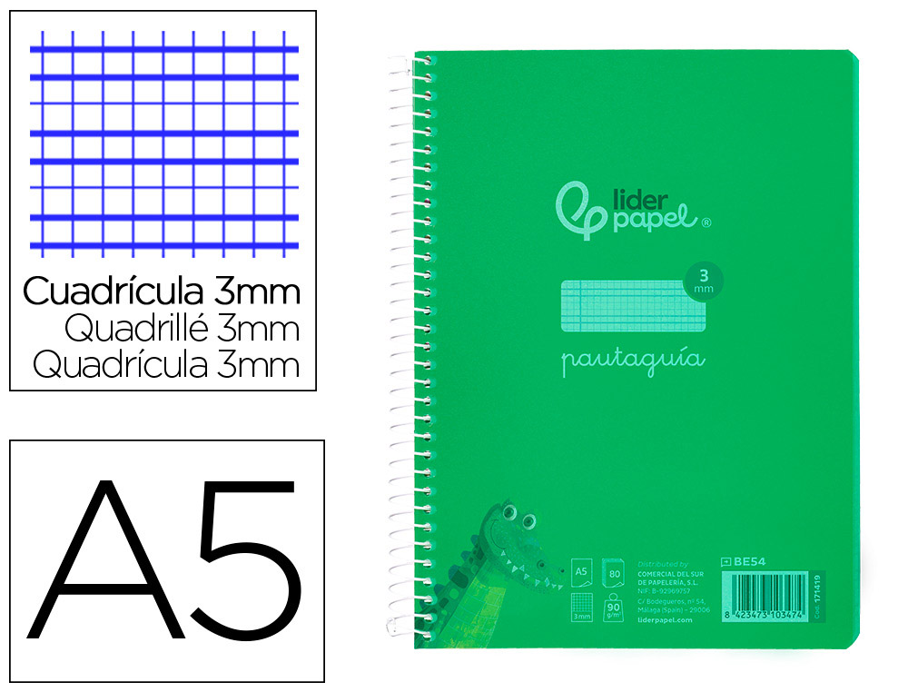 Cuaderno espiral liderpapel a5 pautaguia tapa plastico 80h 90gr cuadro pautado 3 mm con margen color verde