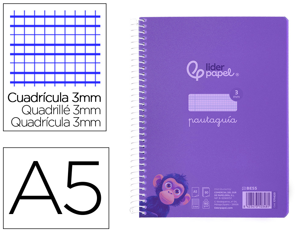 Cuaderno espiral liderpapel a5 pautaguia tapa plastico 80h 90gr cuadro pautado 3 mm con margen color lila
