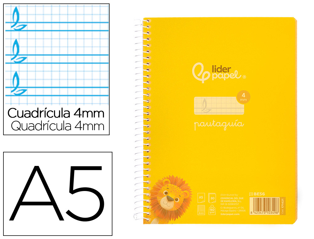 Cuaderno espiral liderpapel a5 pautaguia tapa plastico 80h 90gr cuadro pautado 4mm con margen color amarillo
