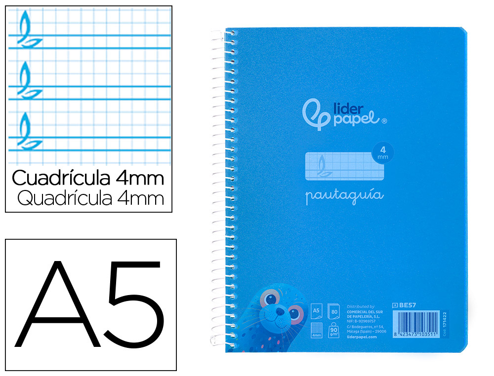 Cuaderno espiral liderpapel a5 pautaguia tapa plastico 80h 90gr cuadro pautado 4mm con margen color azul