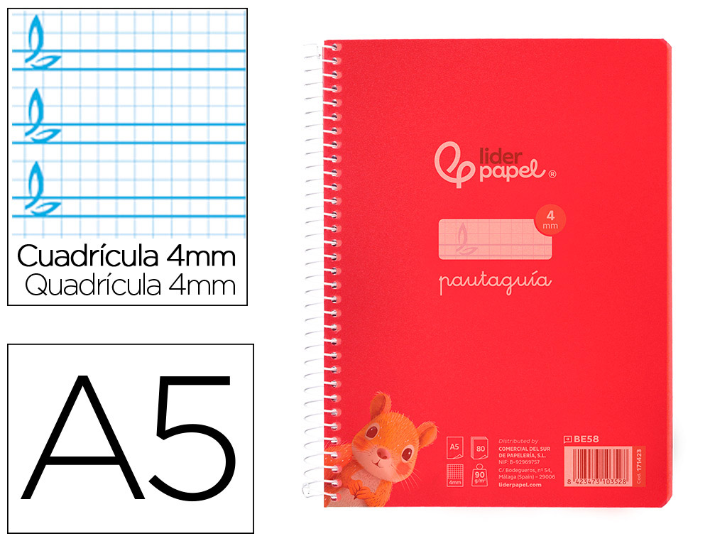 Cuaderno espiral liderpapel a5 pautaguia tapa plastico 80h 90gr cuadro pautado 4mm con margen color rojo