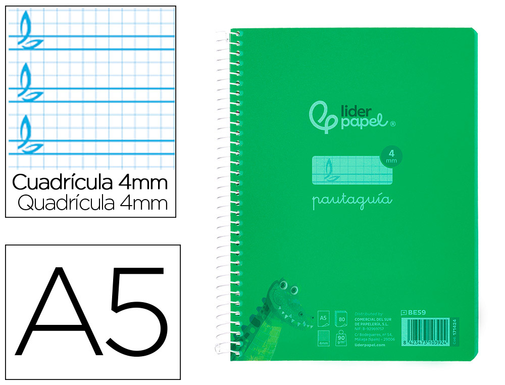 Cuaderno espiral liderpapel a5 pautaguia tapa plastico 80h 90gr cuadro pautado 4mm con margen color verde