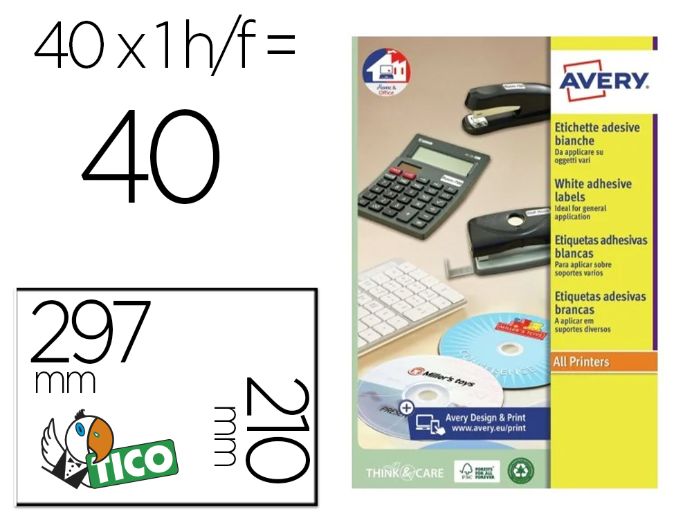 Etiqueta adhesiva avery blanca brillante laser 210x297 mm caja de 40 unidades