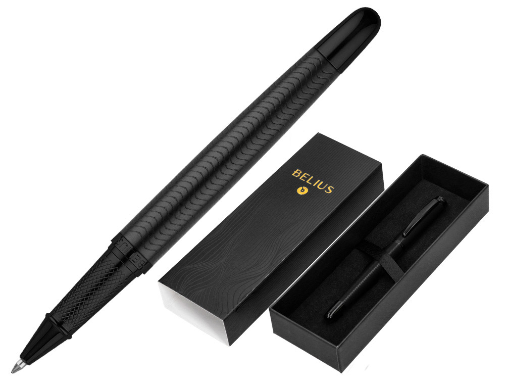 Boligrafo belius neptuno aluminio textura wavy color negro tinta azul caja de diseño