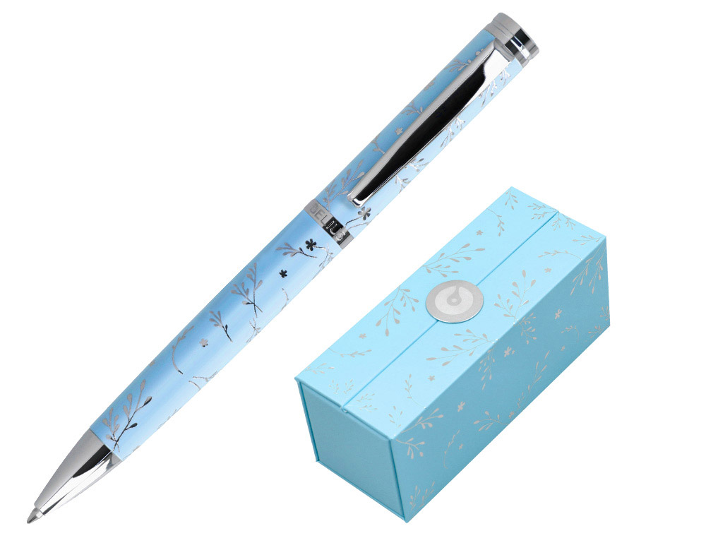 Boligrafo belius bella aluminio color azul celeste diseño plateado relieve tinta azul caja de diseño