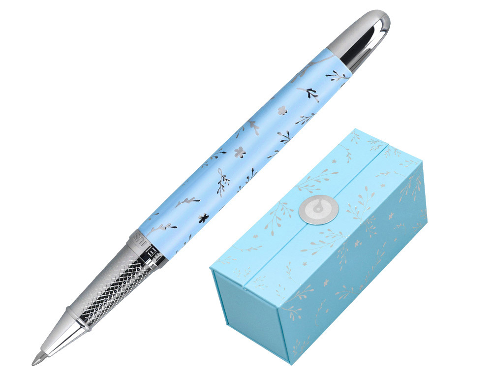 Roller belius bella aluminio color azul celeste diseño plateado relieve tinta color negro caja de diseño