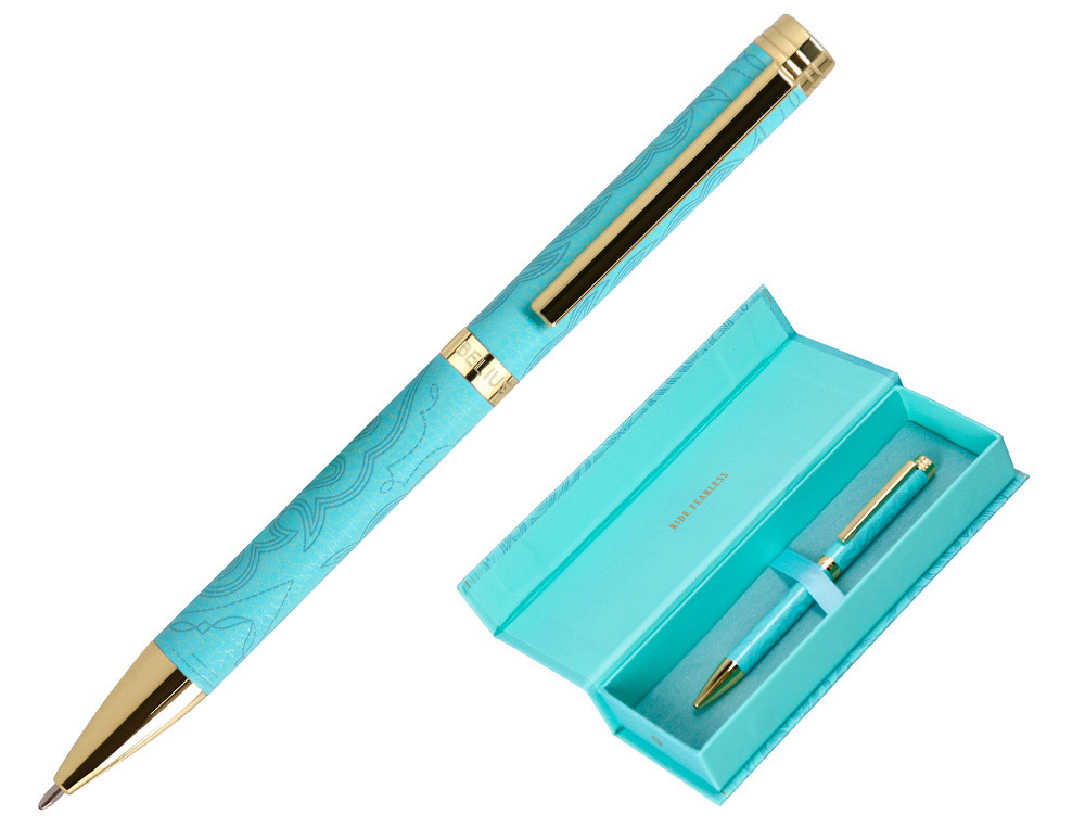 Boligrafo belius wild west aluminio color turquesa doradotinta color azul caja de diseño
