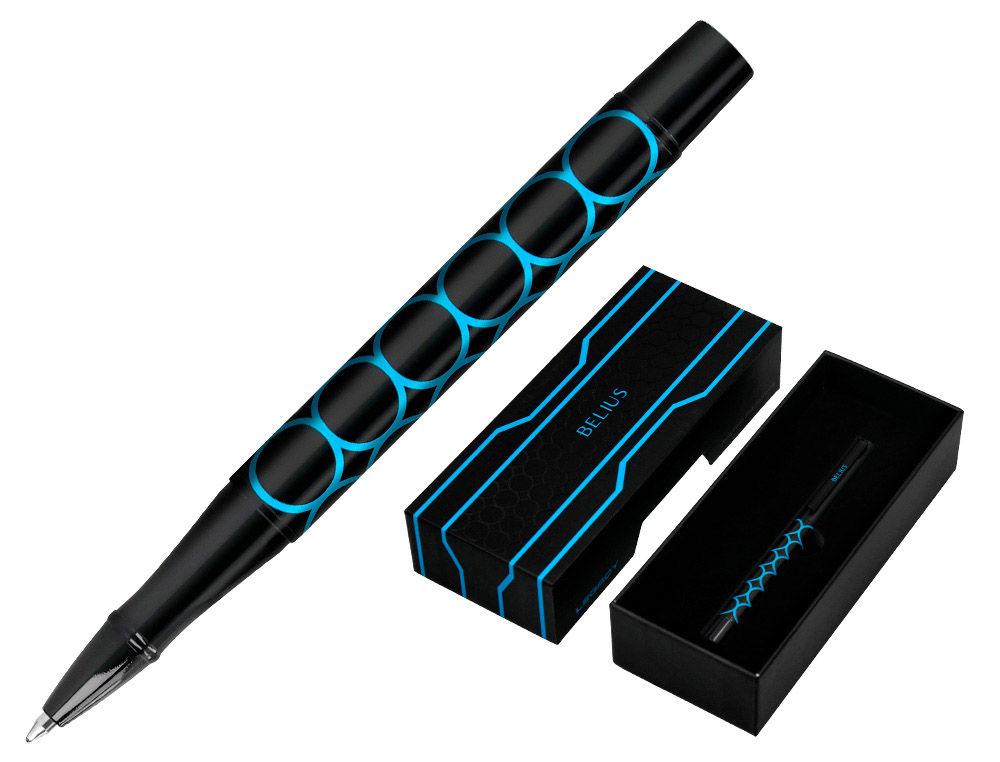 Boligrafo belius legacy aluminio diseño circulos azul cuerpo negro tinta color azul caja de diseño