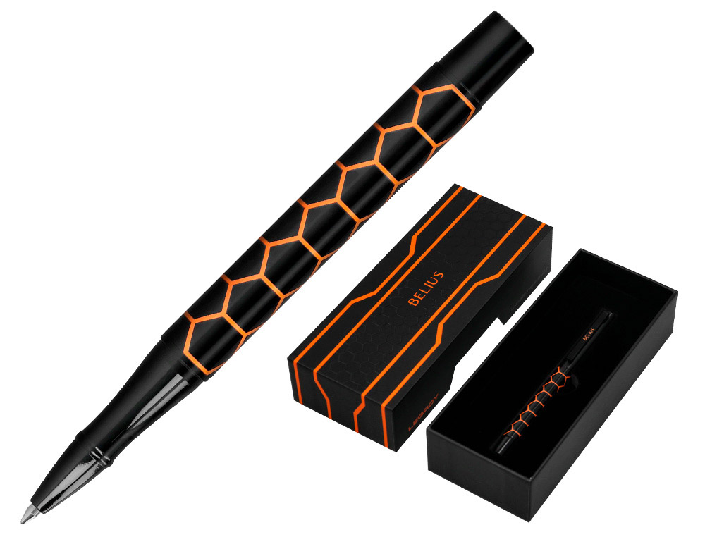 Boligrafo belius legacy aluminio diseño hexagono naranja cuerpo negro tinta color azul caja de diseño
