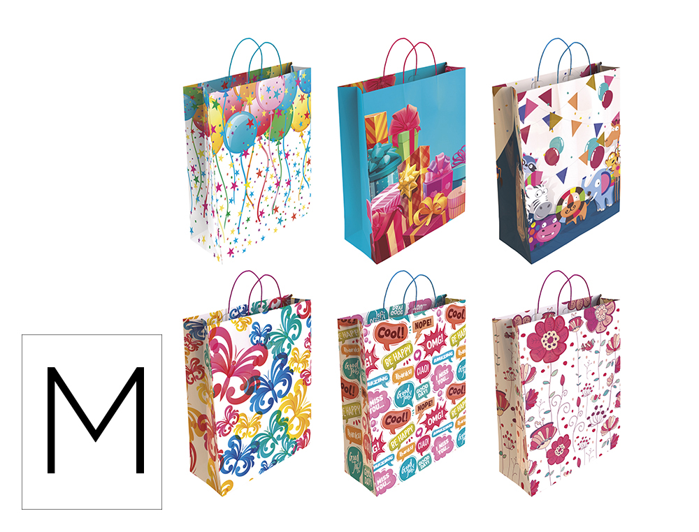 Bolsa para regalo basika papel estucado 160 gr todo año con asa retorcida tamaño m 27+12x37 cm