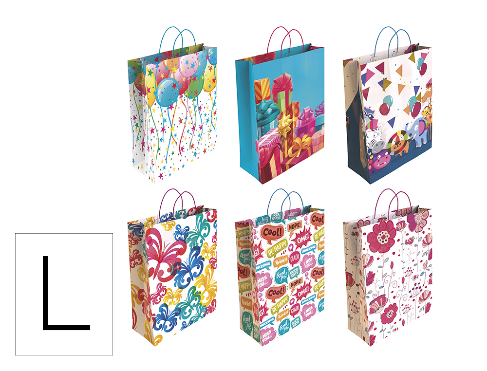 Bolsa para regalo basika papel estucado 160 gr todo año con asa retorcida tamaño l 32+14x40 cm