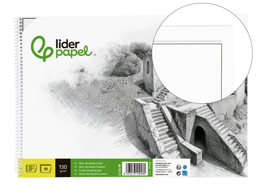 Bloc dibujo liderpapel lineal historico 230x325mm 20 hojas 130g/m2 con recuadro perforado