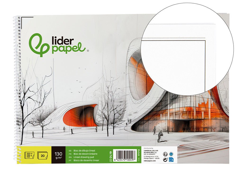 Bloc dibujo liderpapel lineal vanguardia 230x325mm 20 hojas 130g/m2 con recuadro perforado