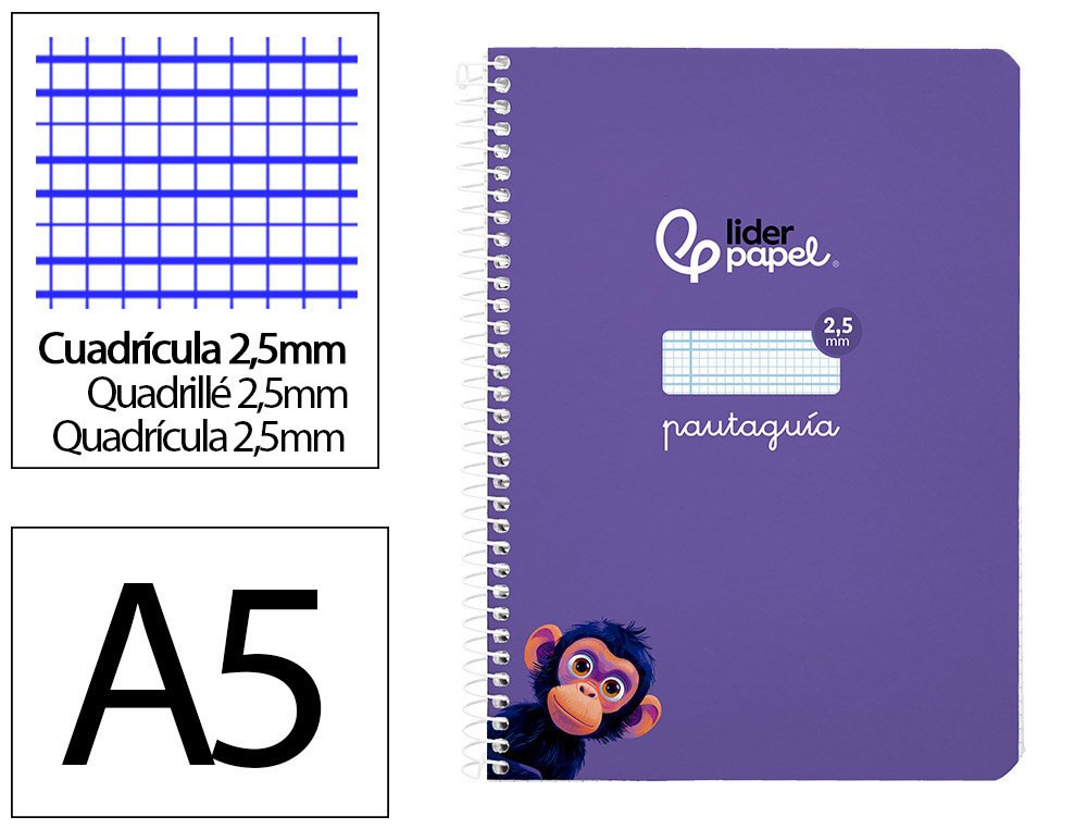 Cuaderno espiral liderpapel a5 pautaguia tapa blanda 40h 75 gr cuadro pautado 2,5mm color lila