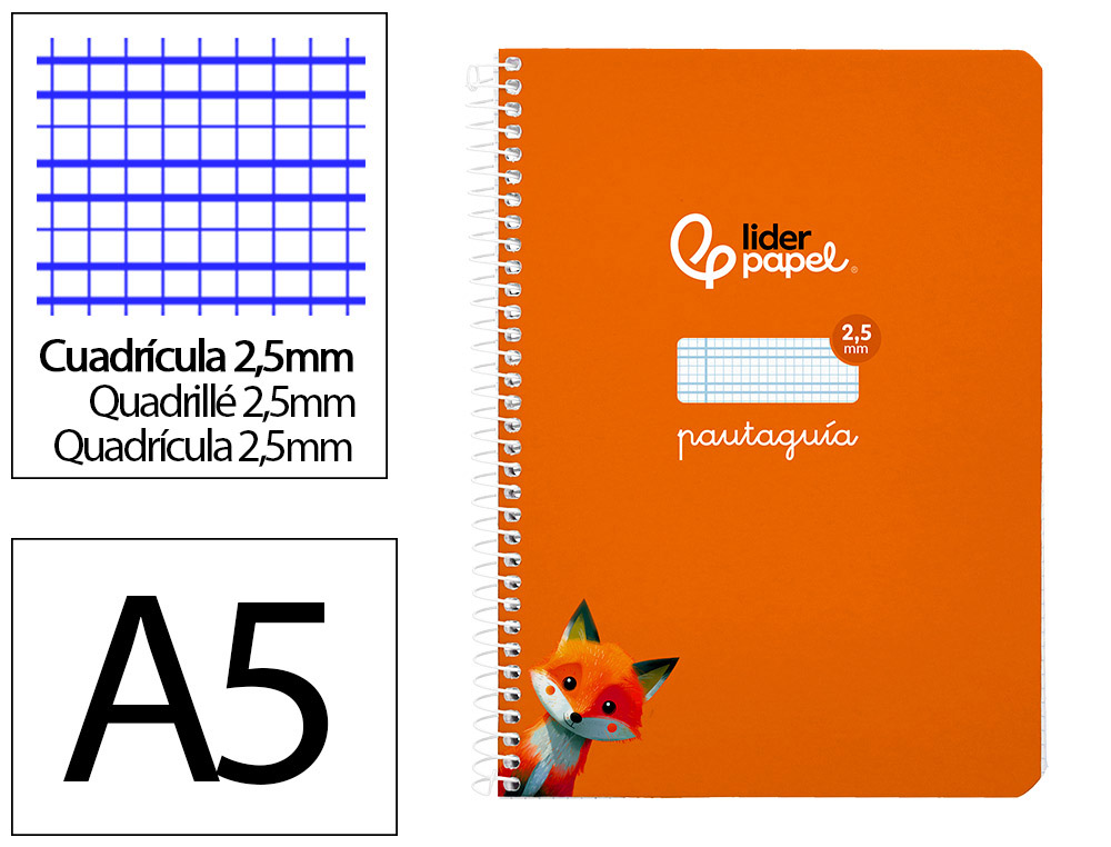 Cuaderno espiral liderpapel a5 pautaguia tapa blanda 40h 75 gr cuadro pautado 2,5mm color naranja