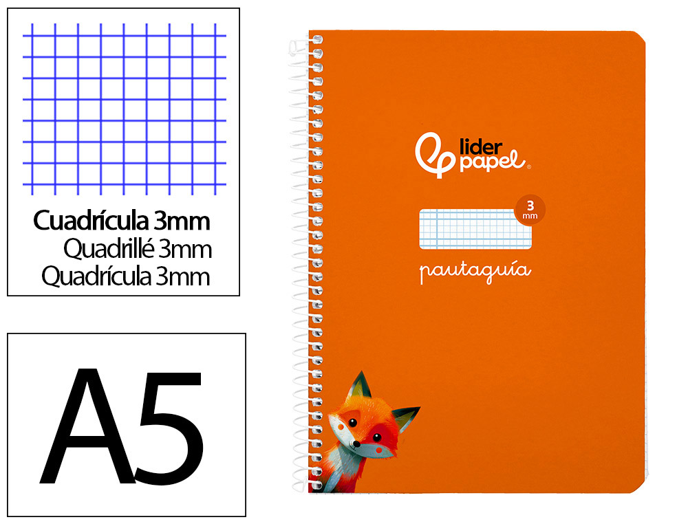 Cuaderno espiral liderpapel a5 pautaguia tapa blanda 40h 75 gr cuadro pautado 3mm color naranja