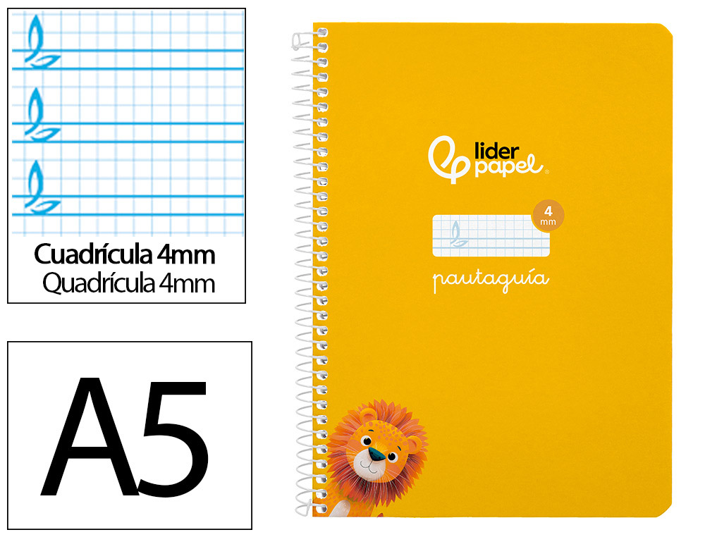Cuaderno espiral liderpapel a5 pautaguia tapa blanda 40h 75 gr cuadro pautado 4mm color amarillo