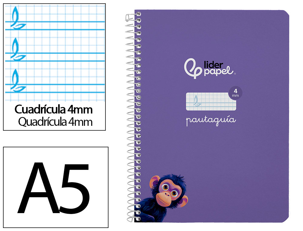 Cuaderno espiral liderpapel a5 pautaguia tapa blanda 40h 75 gr cuadro pautado 4mm color lila