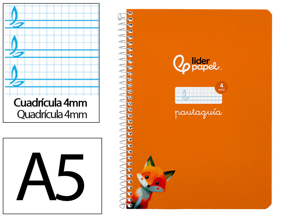 Cuaderno espiral liderpapel a5 pautaguia tapa blanda 40h 75 gr cuadro pautado 4mm color naranja