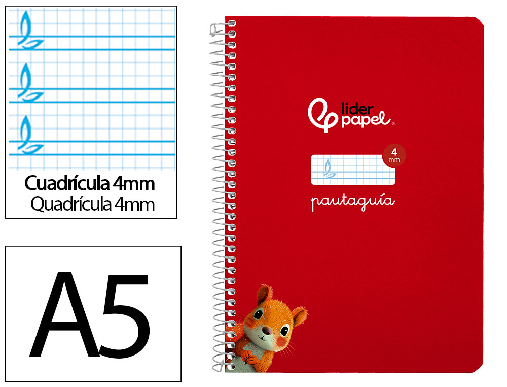 Cuaderno espiral liderpapel a5 pautaguia tapa blanda 40h 75 gr cuadro pautado 4mm color rojo
