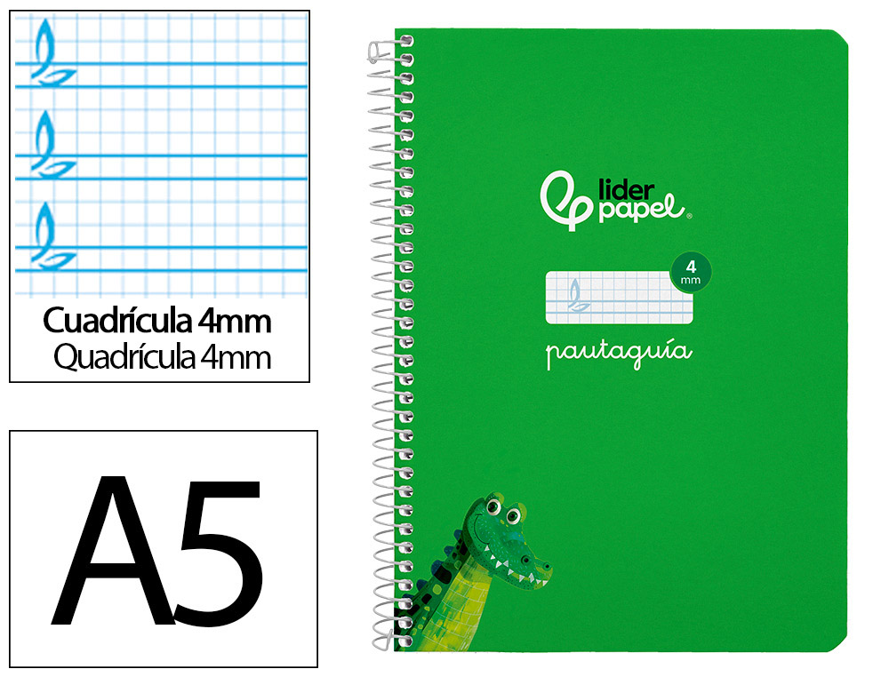 Cuaderno espiral liderpapel a5 pautaguia tapa blanda 40h 75 gr cuadro pautado 4mm color verde